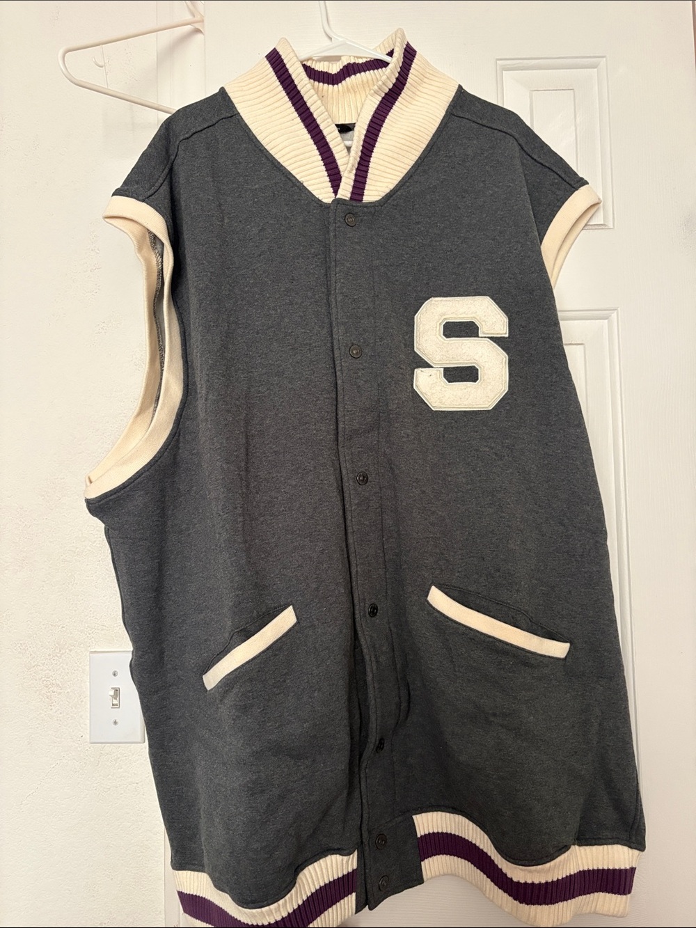 Sean John Charcoal Gray Varsity Vest with Cream & Purple Trim